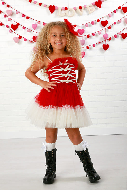Profiterole Holiday Tulle Dress – Red & Ivory Ribbon Lace Dress 12M-14